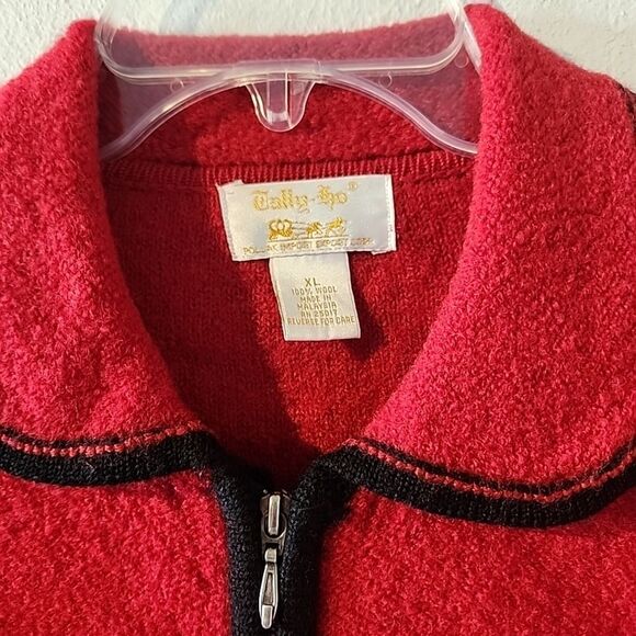 Vintage Tally Ho Womens 100% Wool Cardigan Sweater Size XL Red Black Zip - Picture 3 of 5